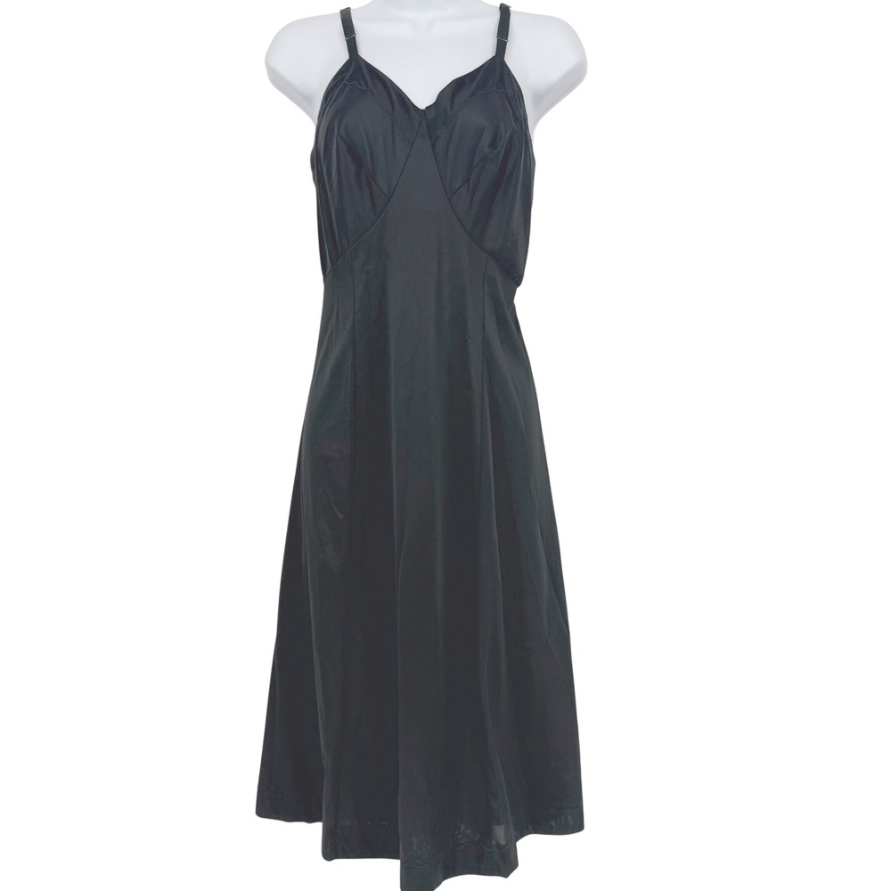 Vintage Charmode Sears Black Full Slip Dress Scalloped Trim Fairy Whimsigoth 36